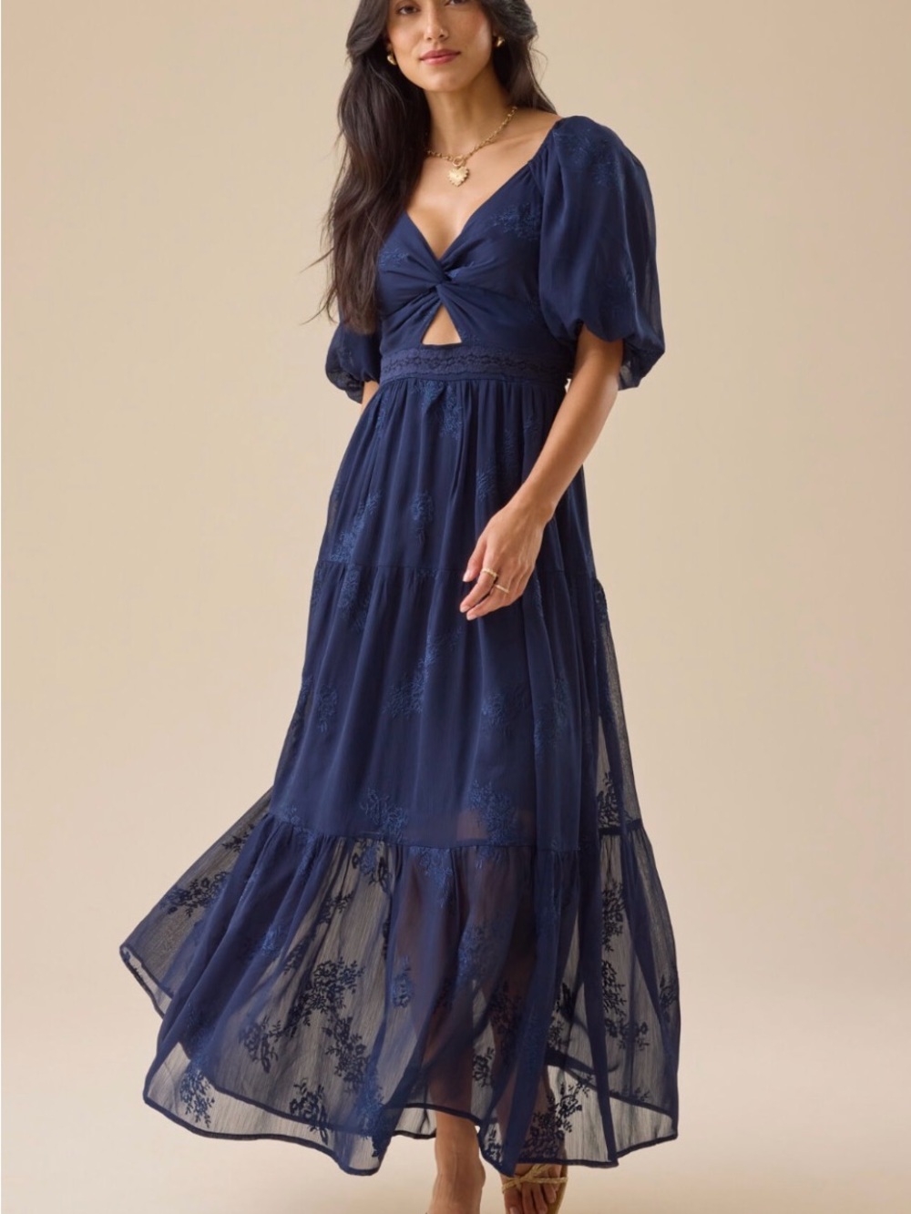 Altar'd State Navy Puff-Sleeve Twist Front Maxi Dress